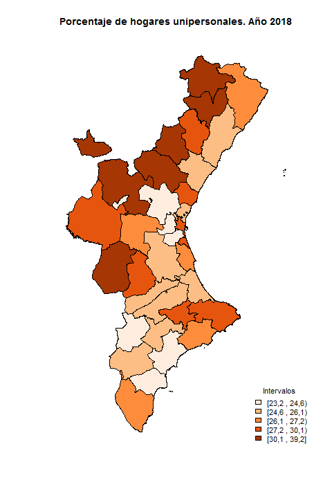 Porcentaje de hogares unipersonales por comarcas